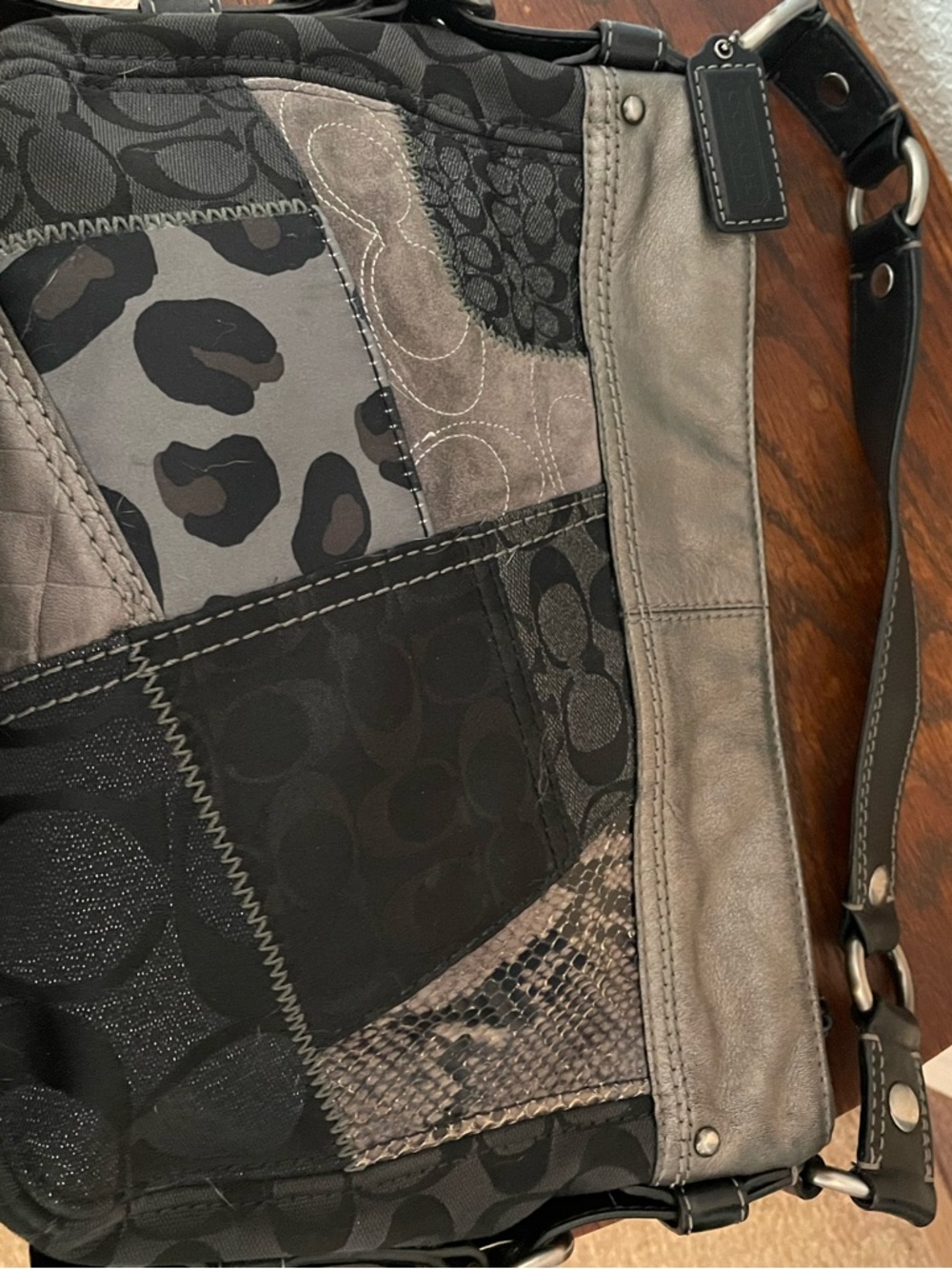 Gorgeous rare Coach shoulder bag. Black and shades of gray patchwork. - Picture 3 of 8